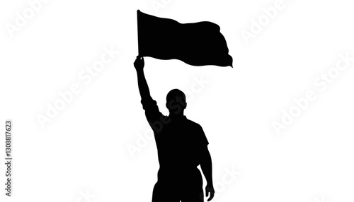 Silhouette of a person raising a flag against a white background