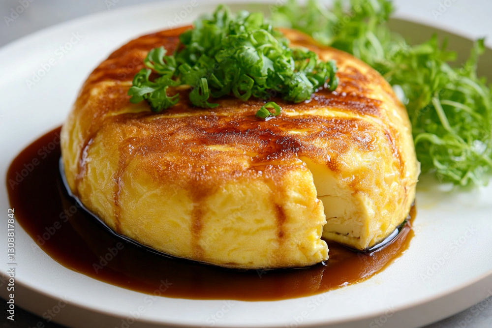 Japanese omelet (tamago) with soy sauce on a white plate, garnished with greens Japanese omelet (tamago) with soy sauce on a white plate, garnished with greens
