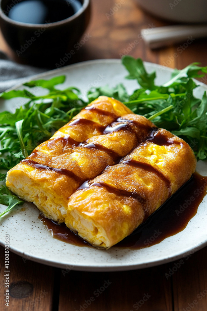 Japanese omelet (tamago) with soy sauce on a white plate, garnished with greens Japanese omelet (tamago) with soy sauce on a white plate, garnished with greens
