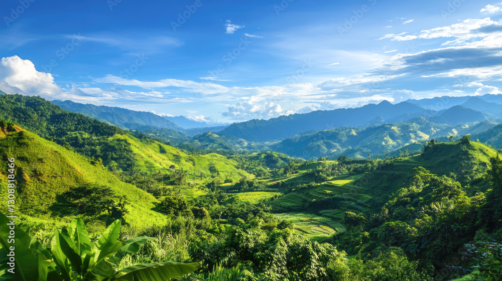 Obraz premium Lush green mountains and valleys under clear blue sky in scenic landscape