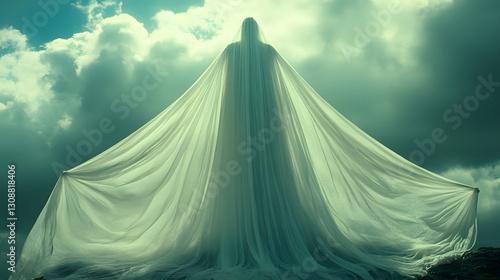 Ethereal Being: An awe-inspiring silhouette of a figure draped in flowing, white fabric, set against a dramatic sky filled with swirling clouds and hints of sunlight, inspiring awe.