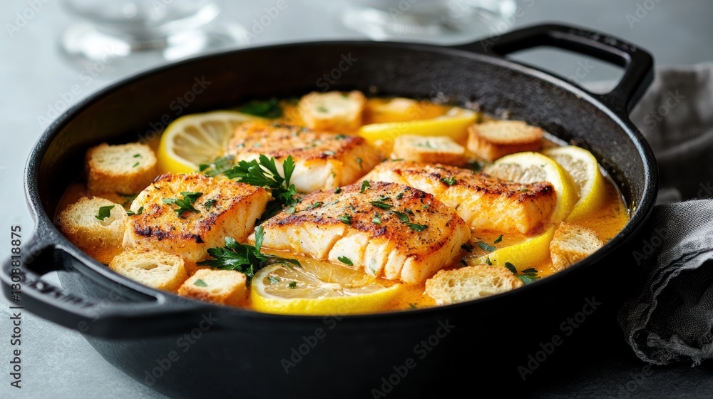 Modern style of traditional Spanish seafood zarzuela de pescado with fish, king prawns and blue mussels served in red sauce with lemon and herbs, top view in designer pot with copy space Modern style of traditional Spanish seafood zarzuela de pescado with fish, king prawns and blue mussels served in red sauce with lemon and herbs, top view in designer pot with copy space