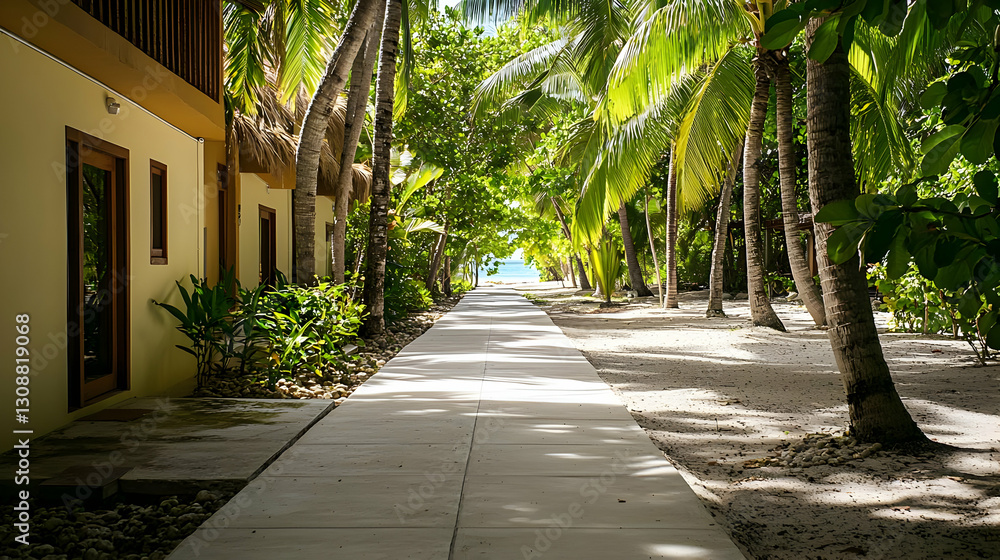 Fototapeta premium Concrete Pathway Leading Towards Beach Between Tropical Palm Trees with Wooden Building under Bright Sunlight