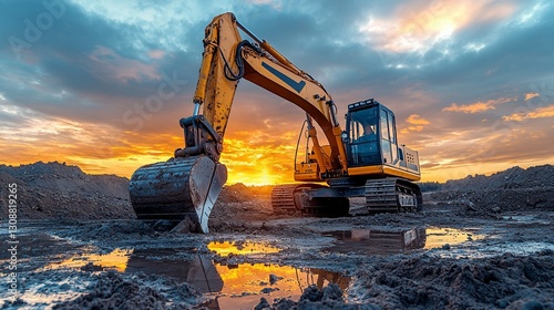 Excavator At Sunset In Construction Site photo