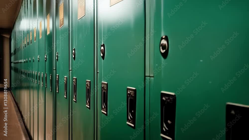 School hallway with green lockers captured during daytime hours inviting students for the afternoon break School hallway with green lockers captured during daytime hours inviting students for the afternoon break
