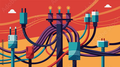 Thick bundles of electrical wires and power cables snarl together in a tangled mess carrying the energy needed to power the plants operations.. Vector illustration