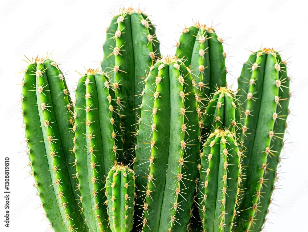 A cluster of tall green cacti with spines against a white background. A cluster of tall green cacti with spines against a white background.