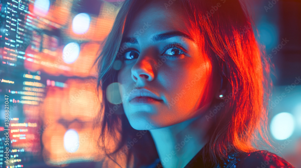 Young caucasian female in futuristic ambient light with digital code reflections Young caucasian female in futuristic ambient light with digital code reflections