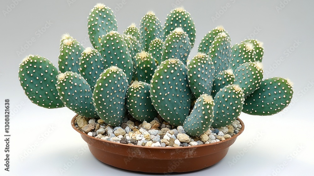 A vibrant potted cactus arrangement featuring multiple green pads with spines. A vibrant potted cactus arrangement featuring multiple green pads with spines.