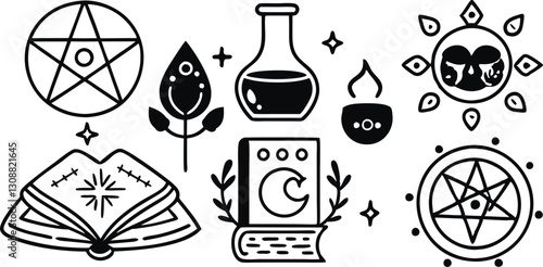 Mystical witchcraft icons vector set with magic symbols, potion, spell book, moon, sun, pentagram, candle, and esoteric elements

