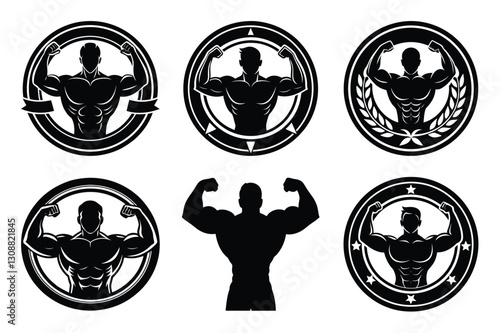 set of Gym and Fitness Logo icon silhouette Vector, and Muscle Building Strength Training