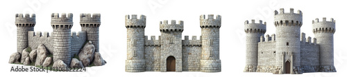 Set of an old stone castle with towers and walls, isolated on a transparent background.