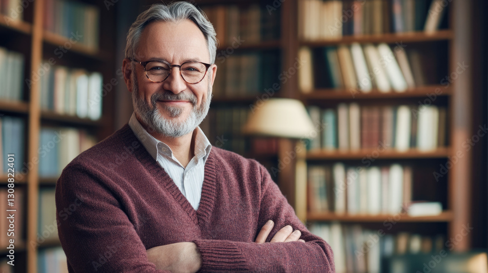 Mature caucasian male in library with bookshelves and warm sweater Mature caucasian male in library with bookshelves and warm sweater