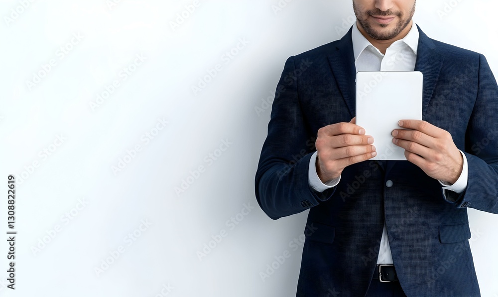 Businessman Holding Tablet Device in Formal Attire Against White Background Businessman Holding Tablet Device in Formal Attire Against White Background