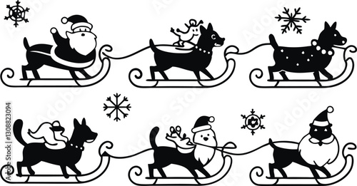Silhouettes of Santa Riding Dog-Pulled Sleighs with Snowflakes Whimsical Christmas Vector Set for Holiday Design Theme