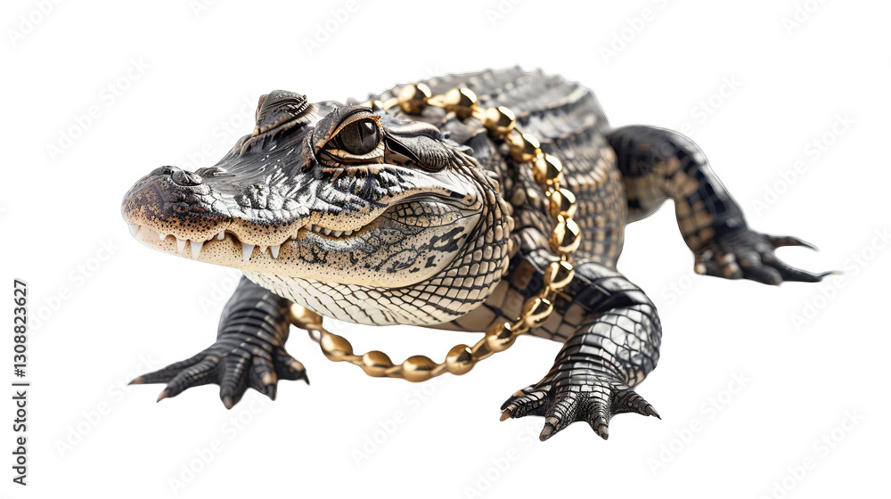 Obraz premium Alligator flaunts unique golden ankle bracelet while posing on a clean white background