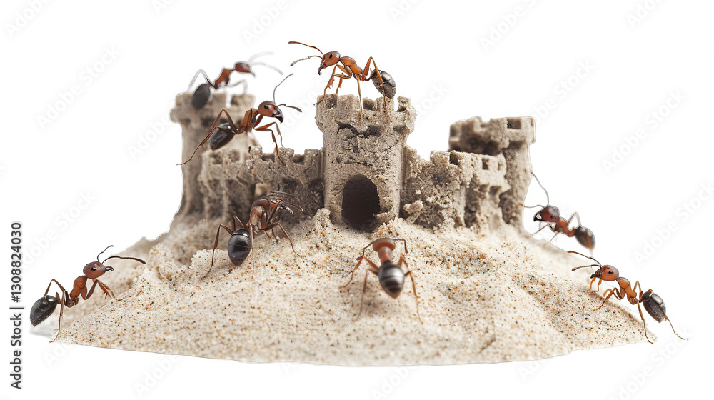 Obraz premium Creativity of ants constructing a detailed sand castle on a clear day