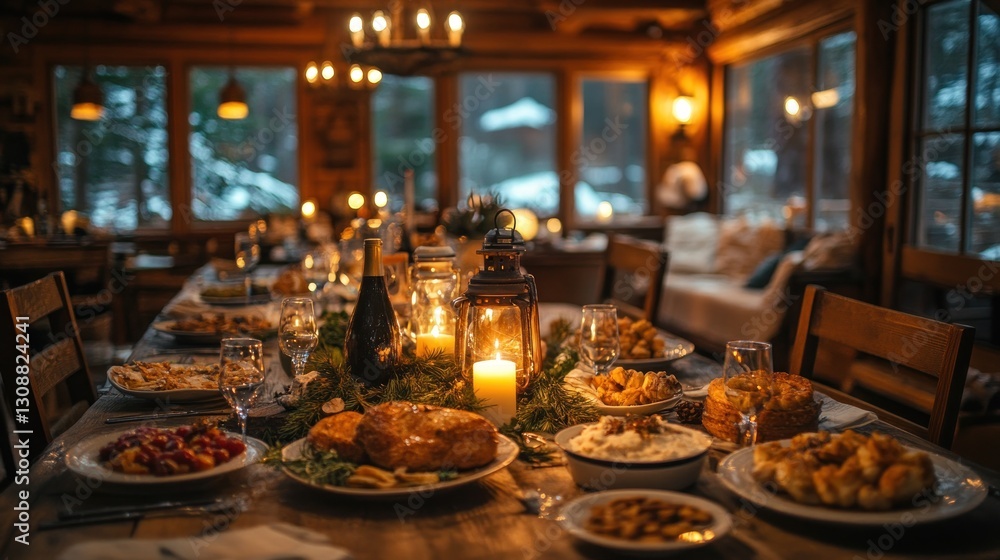 Festive dinner table in cozy cabin with snowy winter view Festive dinner table in cozy cabin with snowy winter view