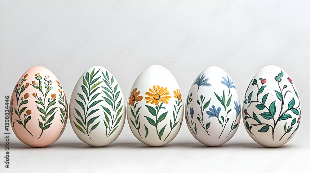 Fototapeta premium Five Decorated Easter Eggs With Floral Patterns Displayed on a White Surface