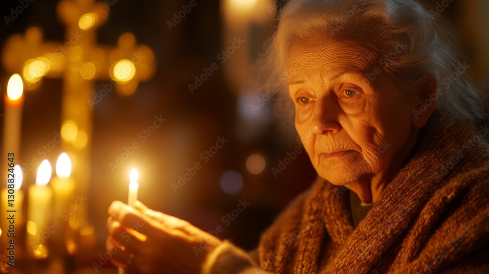 Elderly caucasian woman reflecting by candlelight in a peaceful setting Elderly caucasian woman reflecting by candlelight in a peaceful setting