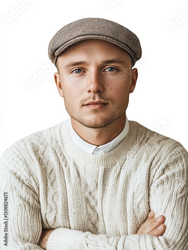 Stylish Man in Light Sweater and Newsboy Cap Perfect for Fashion Editorial and Lifestyle Projects