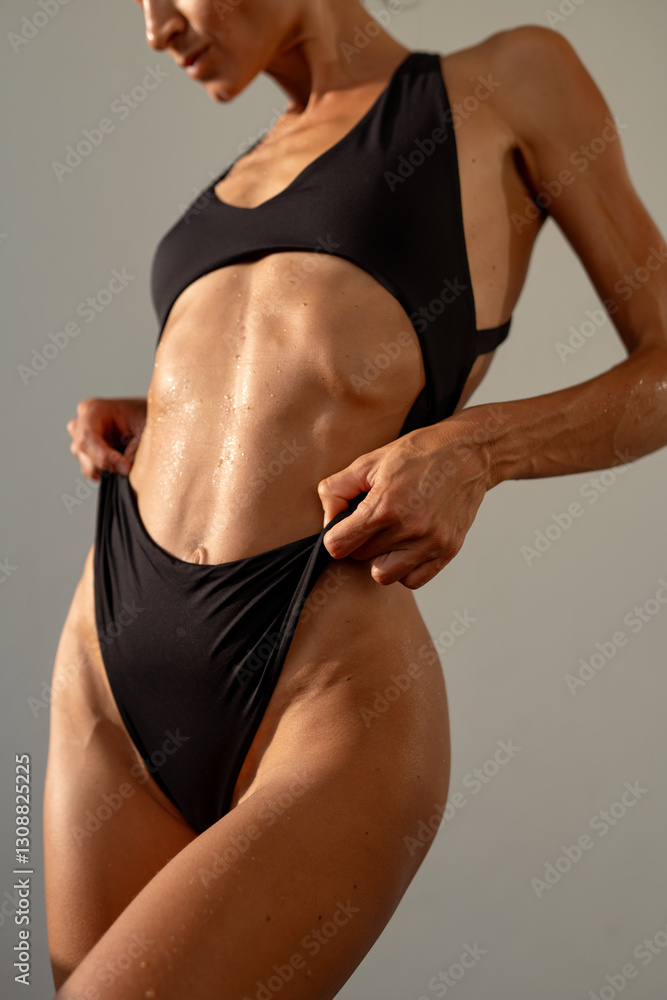 Fototapeta premium Defined Abs and Grace in a Black Cut-out Swimsuit