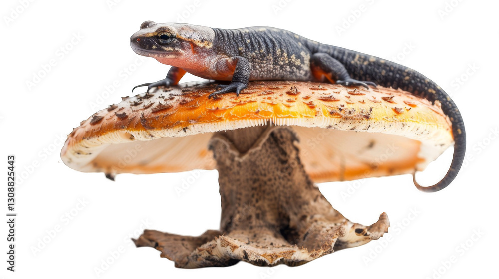 Newt resting gracefully on a vibrant mushroom cap in a tranquil woodland setting Newt resting gracefully on a vibrant mushroom cap in a tranquil woodland setting