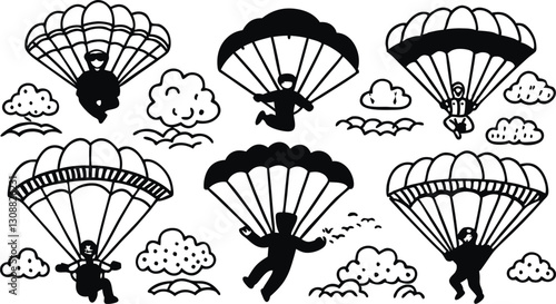 Cartoon Skydivers with Open Parachutes and Cloud Playful Black and White Vector Set for Adventure and Air Sports Design