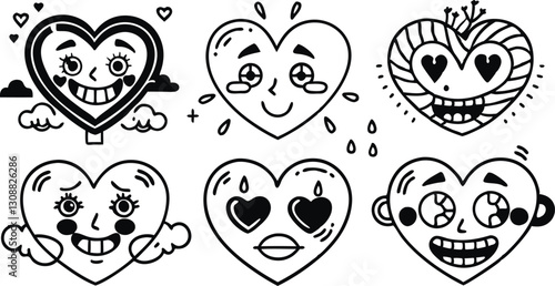 Cute Cartoon Heart Faces Vector Set  Expressive Emotional Icons for Love, Romance, and Valentine’s Day Designs