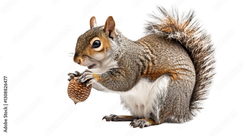 Fototapeta premium Curious squirrel munching on an acorn with fluffy fur and a curled tail in a serene setting