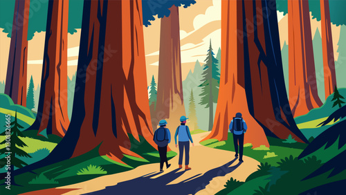 The temperature drops as the hikers enter a grove of towering redwood trees marveling at the size and age of these ancient guardians of the forest.. Vector illustration