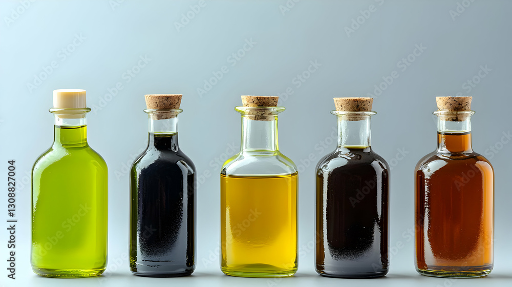 Five Assorted Glass Bottles Containing Various Oils And Vinegars Arranged Against A Light Gray Background Five Assorted Glass Bottles Containing Various Oils And Vinegars Arranged Against A Light Gray Background