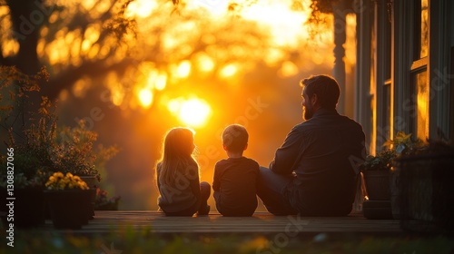 Family watching sunset on porch of rural home