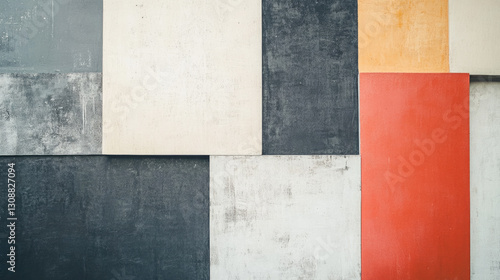 Abstract geometric panel art with textured patterns in bold colors photo
