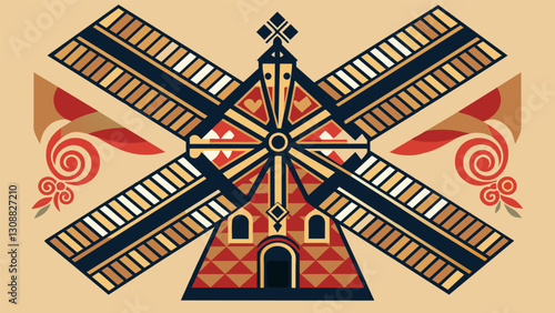 The windmills blades boast intricate and ornate designs a testament to the pride and craftsmanship of those who built it.. Vector illustration