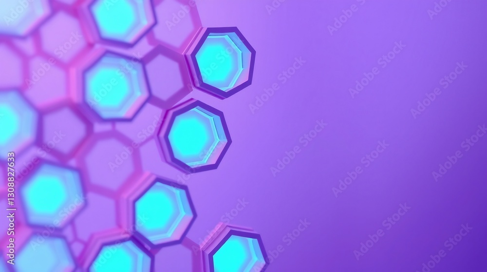 Vibrant abstract background with layered 3D hexagonal shapes in turquoise and purple. Geometric digital network pattern with depth and dimensional design elements. Vibrant abstract background with layered 3D hexagonal shapes in turquoise and purple. Geometric digital network pattern with depth and dimensional design elements.