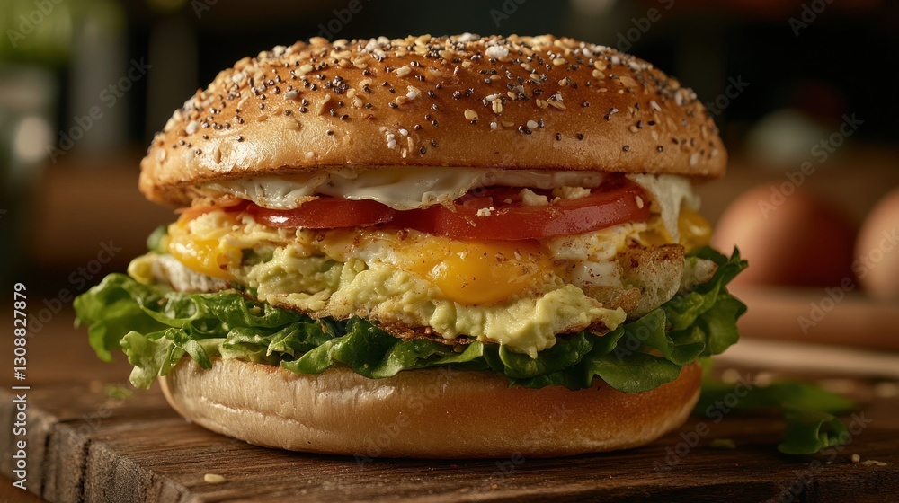 Gourmet Avocado Egg Burger on Wooden Board Gourmet Avocado Egg Burger on Wooden Board