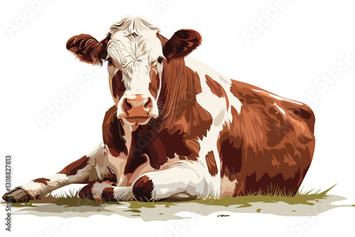 Beautiful brown and white dairy cow stands peacefully against a white background, elegance and grace of this gentle animal