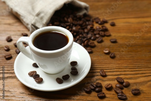 Wallpaper Mural Cup of coffee with fresh coffee beans on wooden background Torontodigital.ca