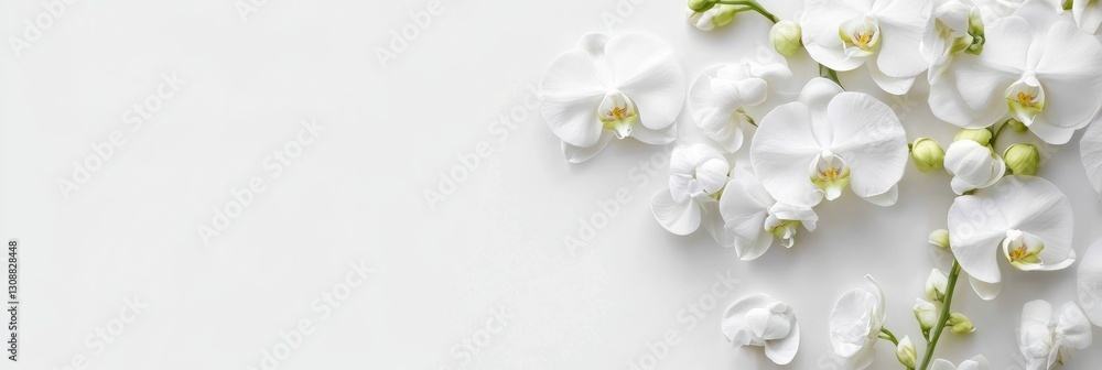 Delicate white orchid flowers arranged on a pristine white background, creating an elegant and minimalist floral composition, with space for text, banner Delicate white orchid flowers arranged on a pristine white background, creating an elegant and minimalist floral composition, with space for text, banner