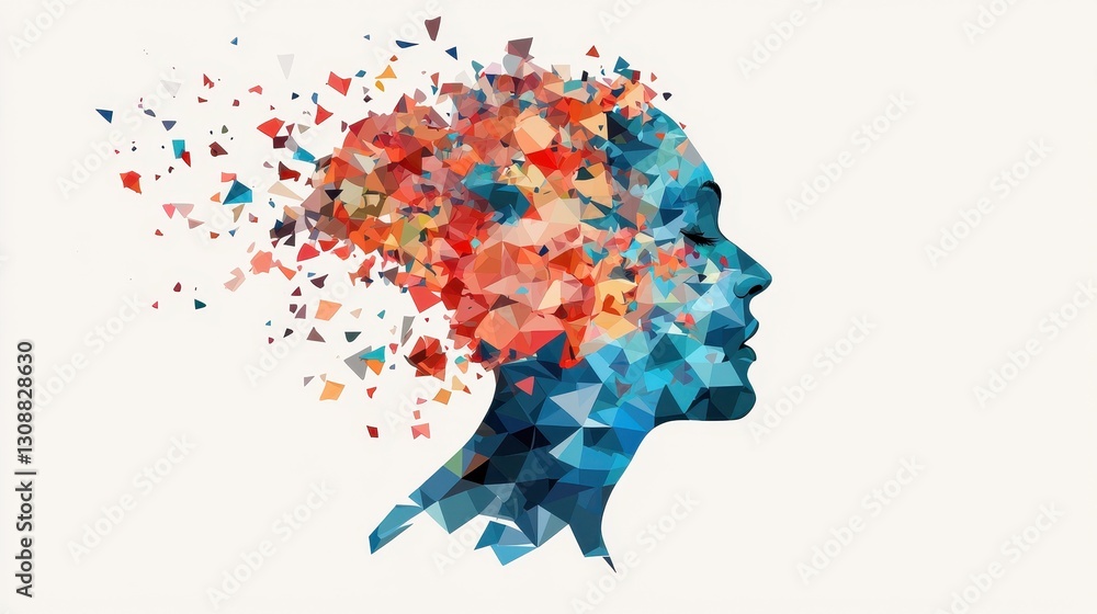 Abstract Concept of Human Mind Represented by Colorful Geometric Shapes and Fragments Emanating from Profile View Abstract Concept of Human Mind Represented by Colorful Geometric Shapes and Fragments Emanating from Profile View