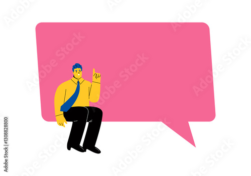 Business man sitting on speech bubble, people survey. Flat vector illustration isolated on white background