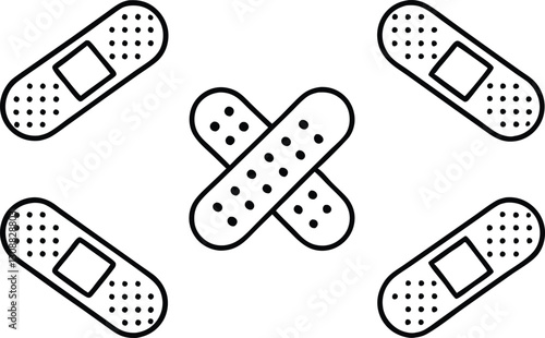 
Medical bandage vector set in black and white outline style, including crossed adhesive bandages and simple plaster strip illustrations