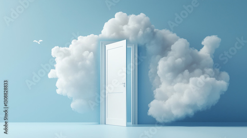 A surreal scene in 3D, where fluffy white clouds are flying out through an open door on a blue backdrop, representing an abstract metaphor of a door to heaven.

