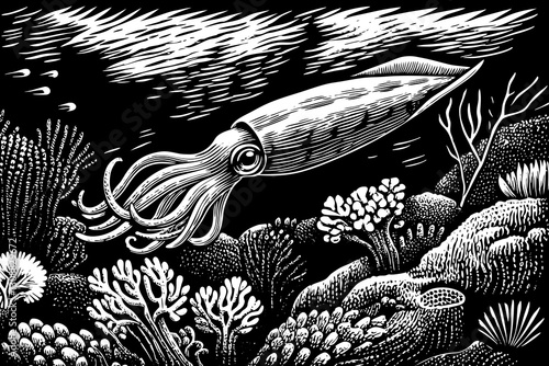 squid under sea close up black and white hand drawn sketch