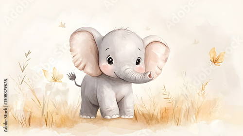 Watercolor cute and adorable baby elephant
