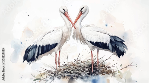 Vector illustration, watercolor painting of a two storks in a nest