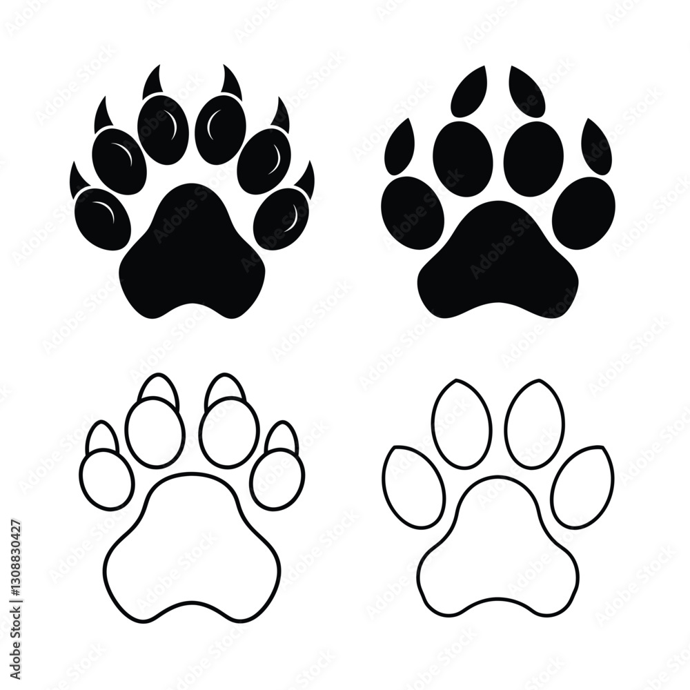 Fototapeta premium Set of Four Simple Black and White Animal Paw Prints