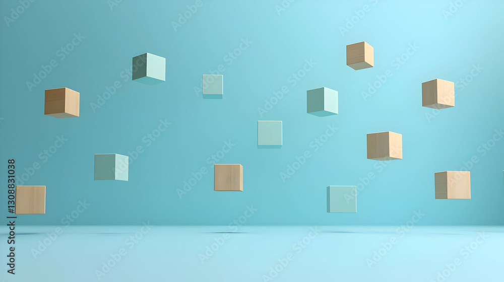 Floating Wooden Cubes Against A Light Blue Backdrop With Soft Lighting Floating Wooden Cubes Against A Light Blue Backdrop With Soft Lighting