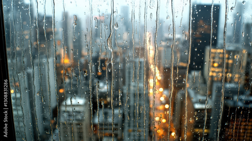 rainy window with streaks of water, revealing blurred city view rainy window with streaks of water, revealing blurred city view
